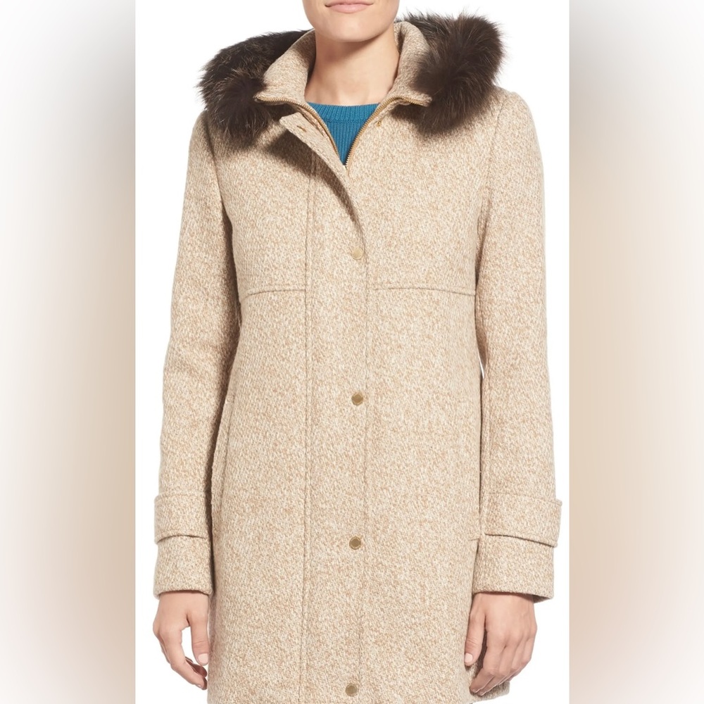 Ellen Tracey Wool Tweed Blend Coat with Blue Fox Fur Trim